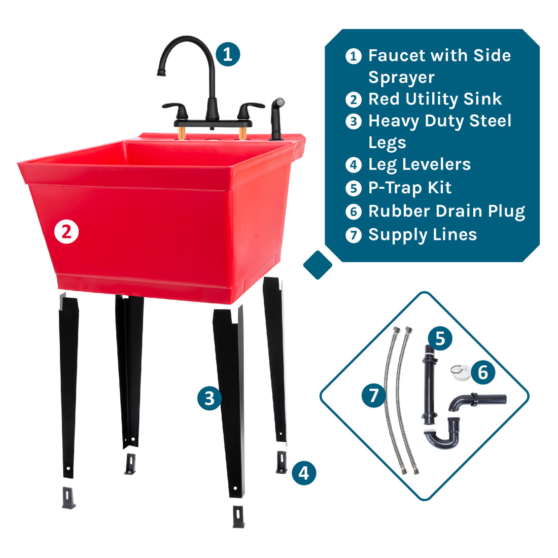 Tehila Standard Freestanding Red Utility Sink with Black Legs and Black Finish Wide-set Gooseneck Faucet with Side Sprayer - Utility sinks vanites Tehila