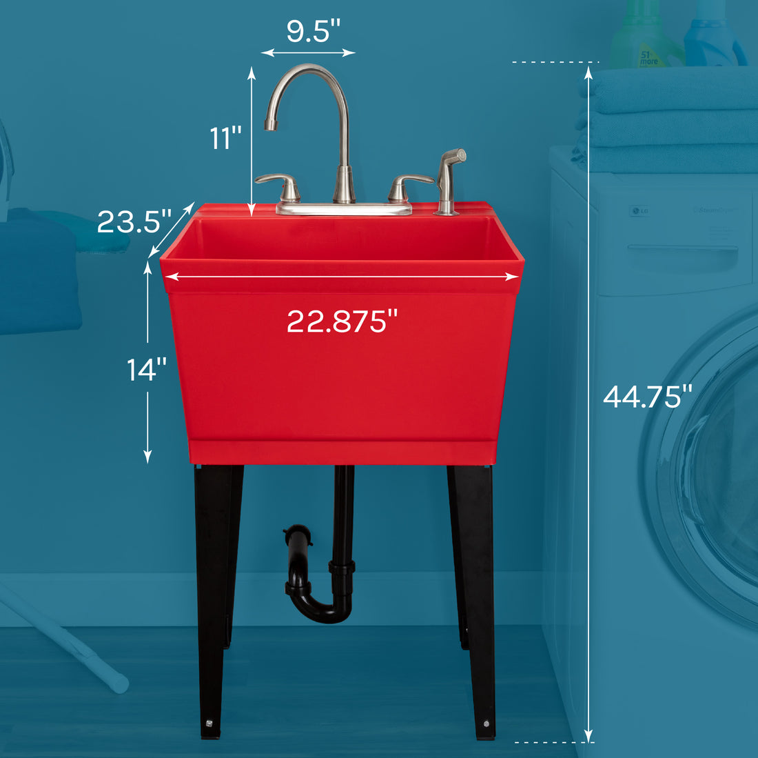 Tehila Standard Freestanding Red Utility Sink with Black Legs and Stainless Steel Finish Wide-set Gooseneck Faucet with Side Sprayer - Utility sinks vanites Tehila