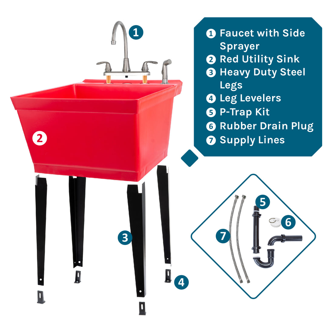 Tehila Standard Freestanding Red Utility Sink with Black Legs and Stainless Steel Finish Wide-set Gooseneck Faucet with Side Sprayer - Utility sinks vanites Tehila