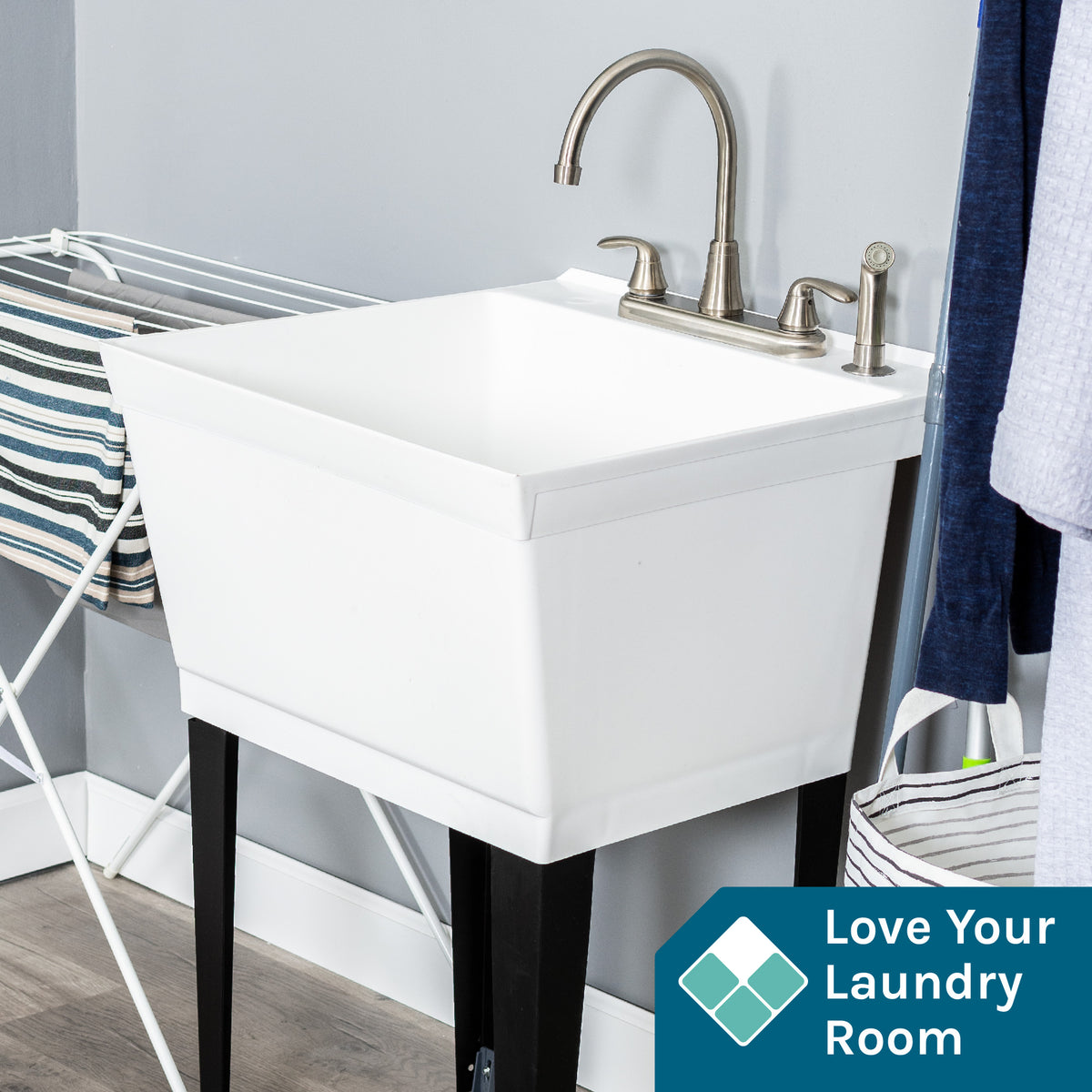 Tehila Standard Freestanding White Utility Sink with Black Legs and Stainless Steel Finish Wide-set Gooseneck Faucet with Side Sprayer - Utility sinks vanites Tehila