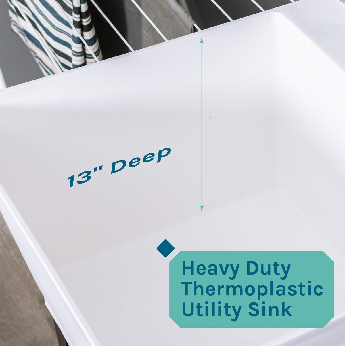 Tehila Standard Freestanding White Utility Sink with Black Legs and Stainless Steel Finish Wide-set Gooseneck Faucet with Side Sprayer - Utility sinks vanites Tehila