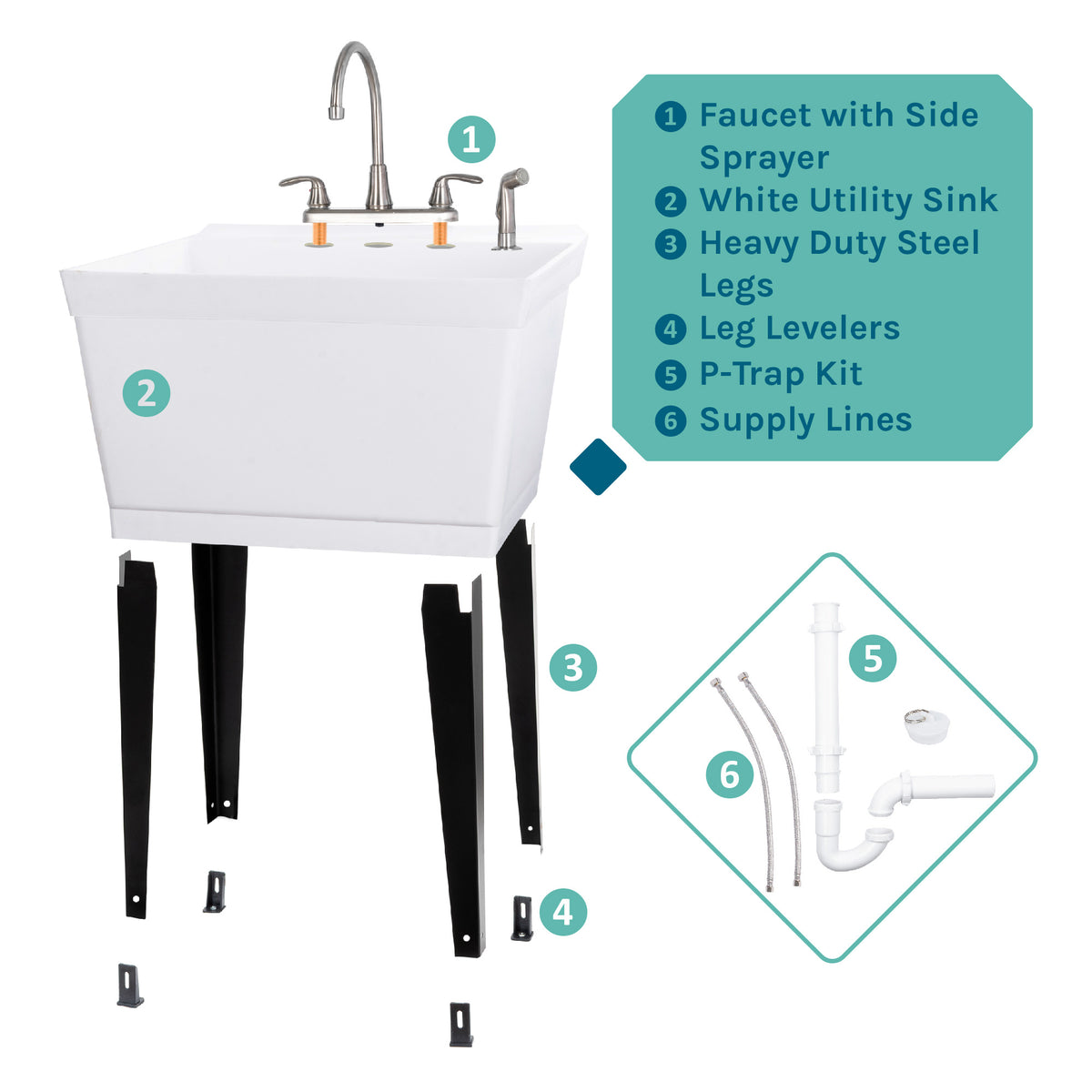 Tehila Standard Freestanding White Utility Sink with Black Legs and Stainless Steel Finish Wide-set Gooseneck Faucet with Side Sprayer - Utility sinks vanites Tehila