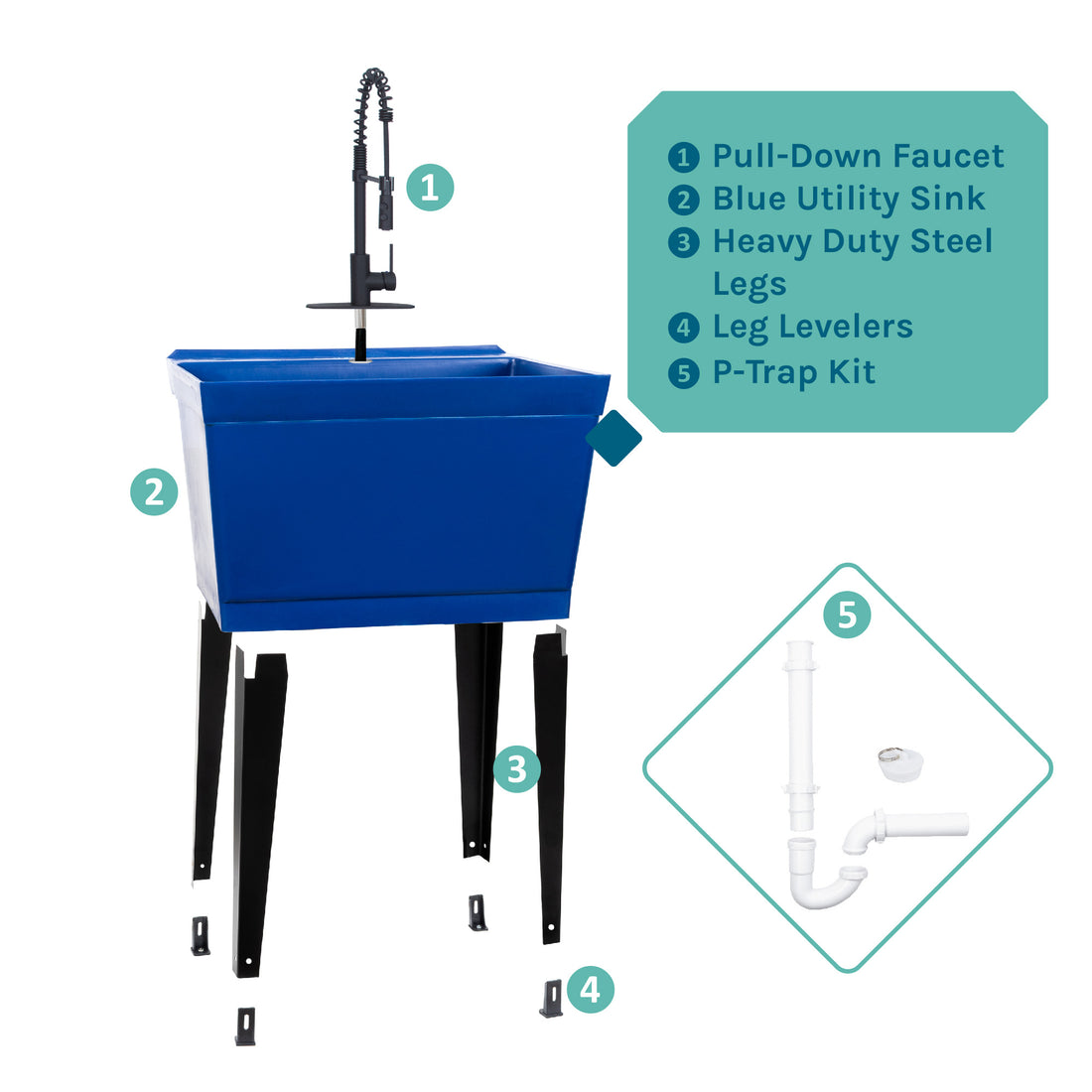Tehila Standard Freestanding Blue Utility Sink with Black Finish High-Arc Coil Pull-Down Faucet - Utility sinks vanites Tehila
