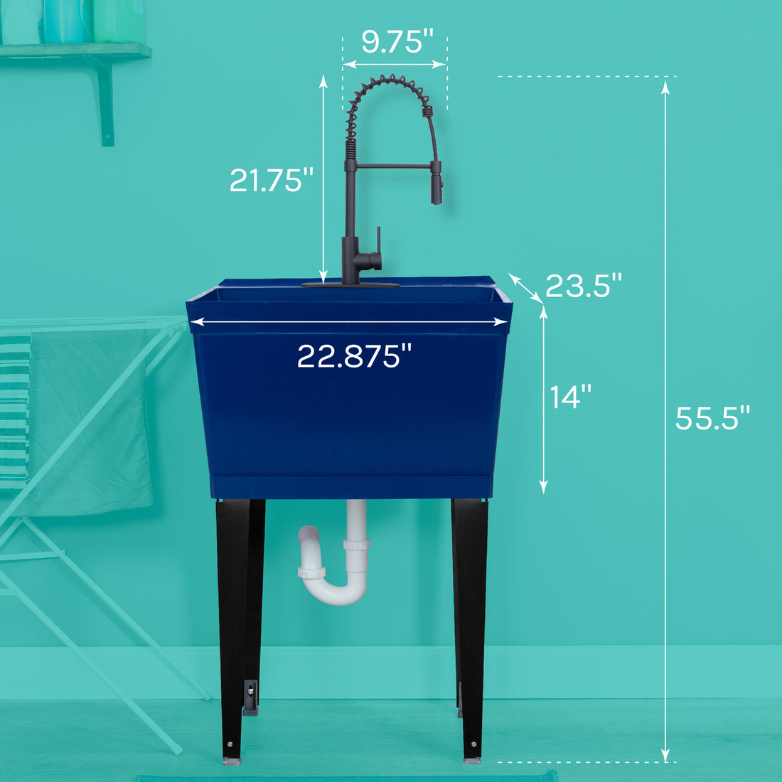 Tehila Standard Freestanding Blue Utility Sink with Black Finish High-Arc Coil Pull-Down Faucet - Utility sinks vanites Tehila