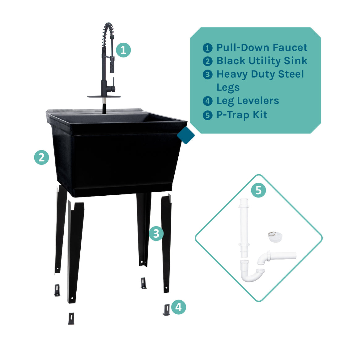 Tehila Standard Freestanding Black Utility Sink with Black Finish High-Arc Coil Pull-Down Faucet - Utility sinks vanites Tehila