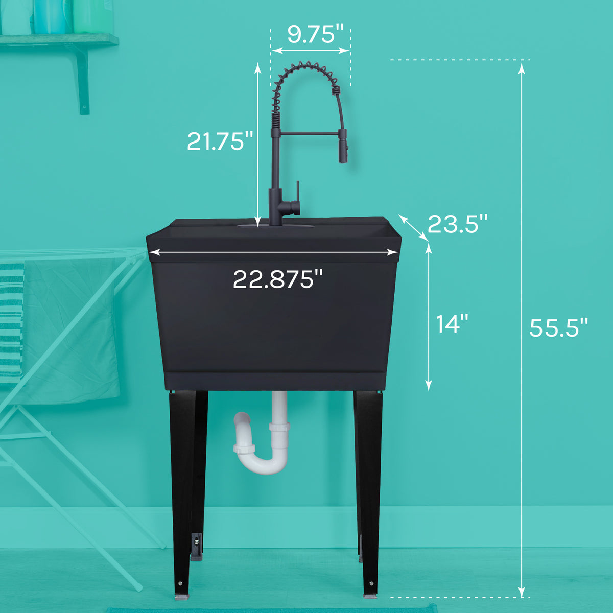 Tehila Standard Freestanding Black Utility Sink with Black Finish High-Arc Coil Pull-Down Faucet - Utility sinks vanites Tehila