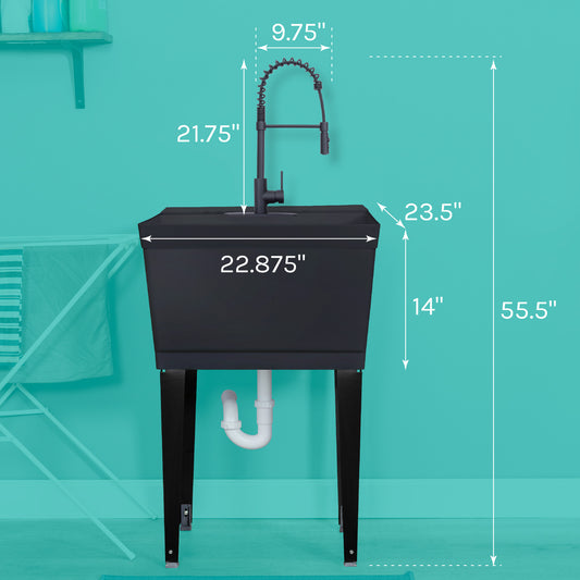 Tehila Standard Freestanding Black Utility Sink with Black Finish High-Arc Coil Pull-Down Faucet - Utility sinks vanites Tehila