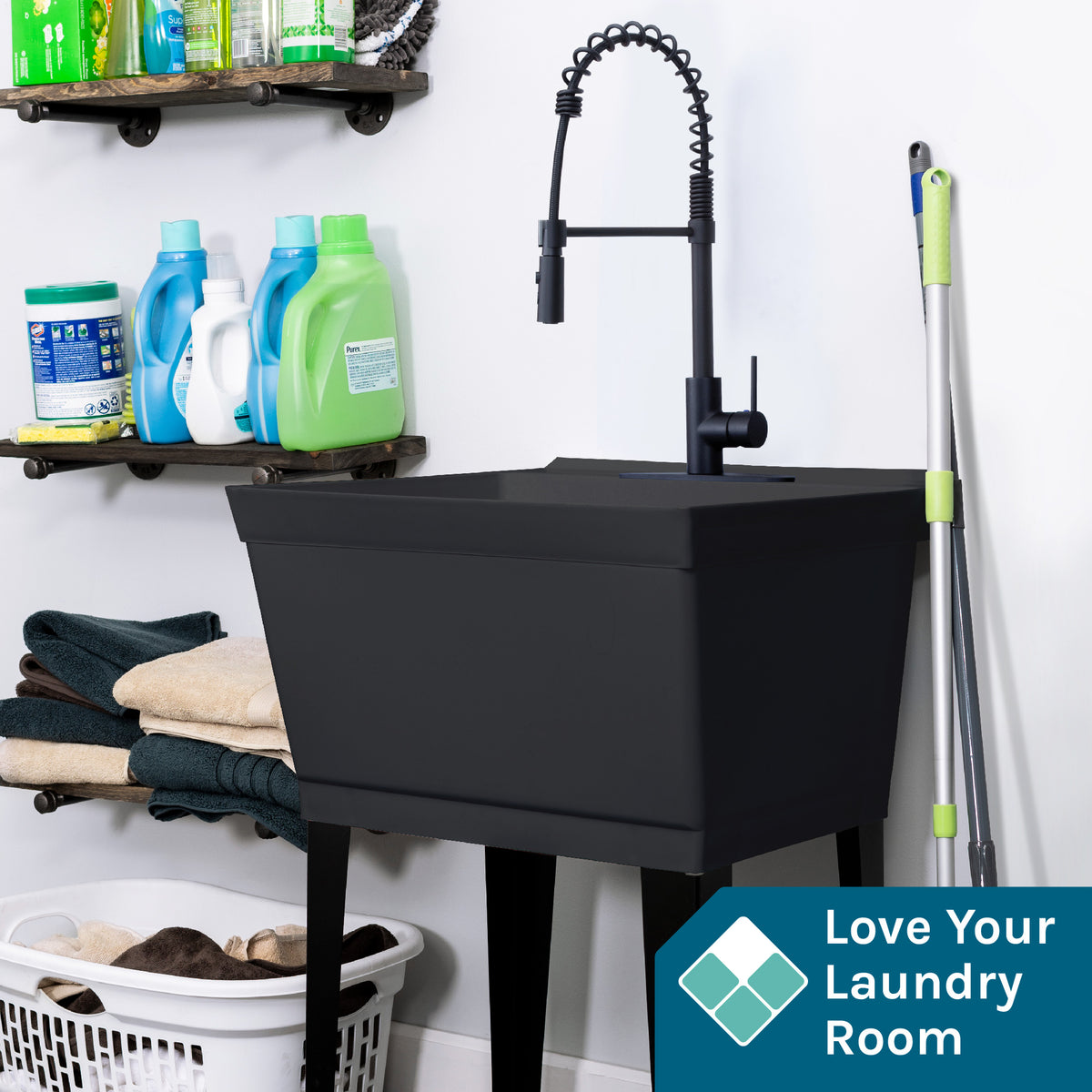 Tehila Standard Freestanding Black Utility Sink with Black Finish High-Arc Coil Pull-Down Faucet - Utility sinks vanites Tehila