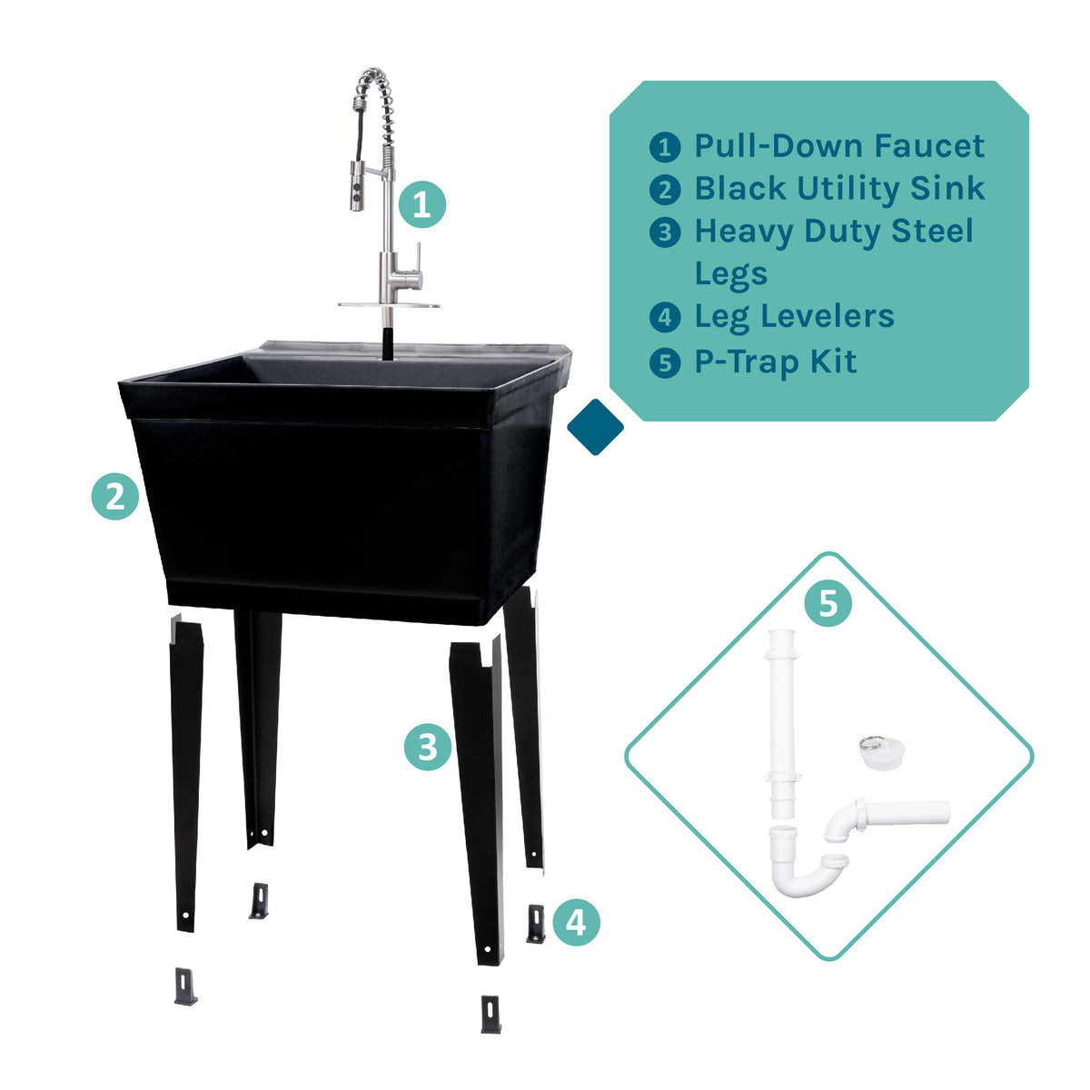 Tehila Standard Freestanding Black Utility Sink with Stainless Steel Finish High-Arc Coil Pull-Down Faucet - Utility sinks vanites Tehila