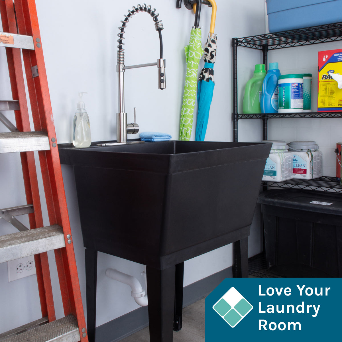Tehila Standard Freestanding Black Utility Sink with Stainless Steel Finish High-Arc Coil Pull-Down Faucet - Utility sinks vanites Tehila