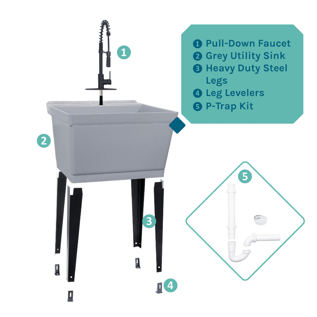Tehila Standard Freestanding Grey Utility Sink with Black Finish High-Arc Coil Pull-Down Faucet - Utility sinks vanites Tehila