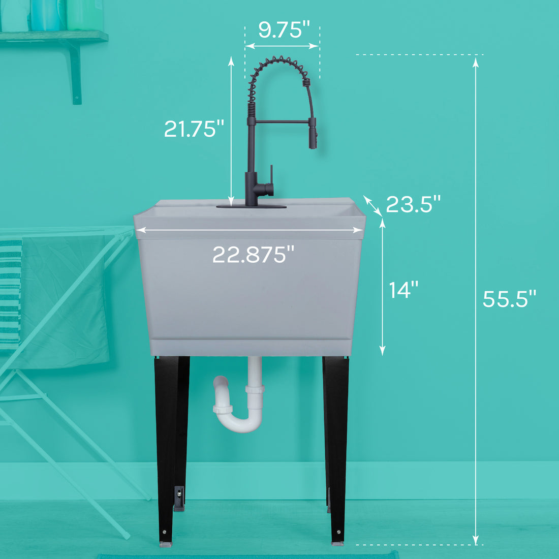 Tehila Standard Freestanding Grey Utility Sink with Black Finish High-Arc Coil Pull-Down Faucet - Utility sinks vanites Tehila