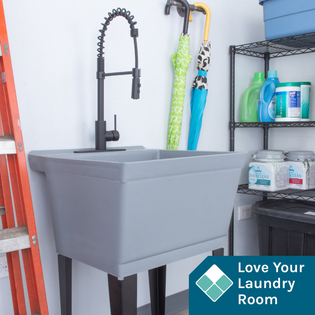 Tehila Standard Freestanding Grey Utility Sink with Black Finish High-Arc Coil Pull-Down Faucet - Utility sinks vanites Tehila