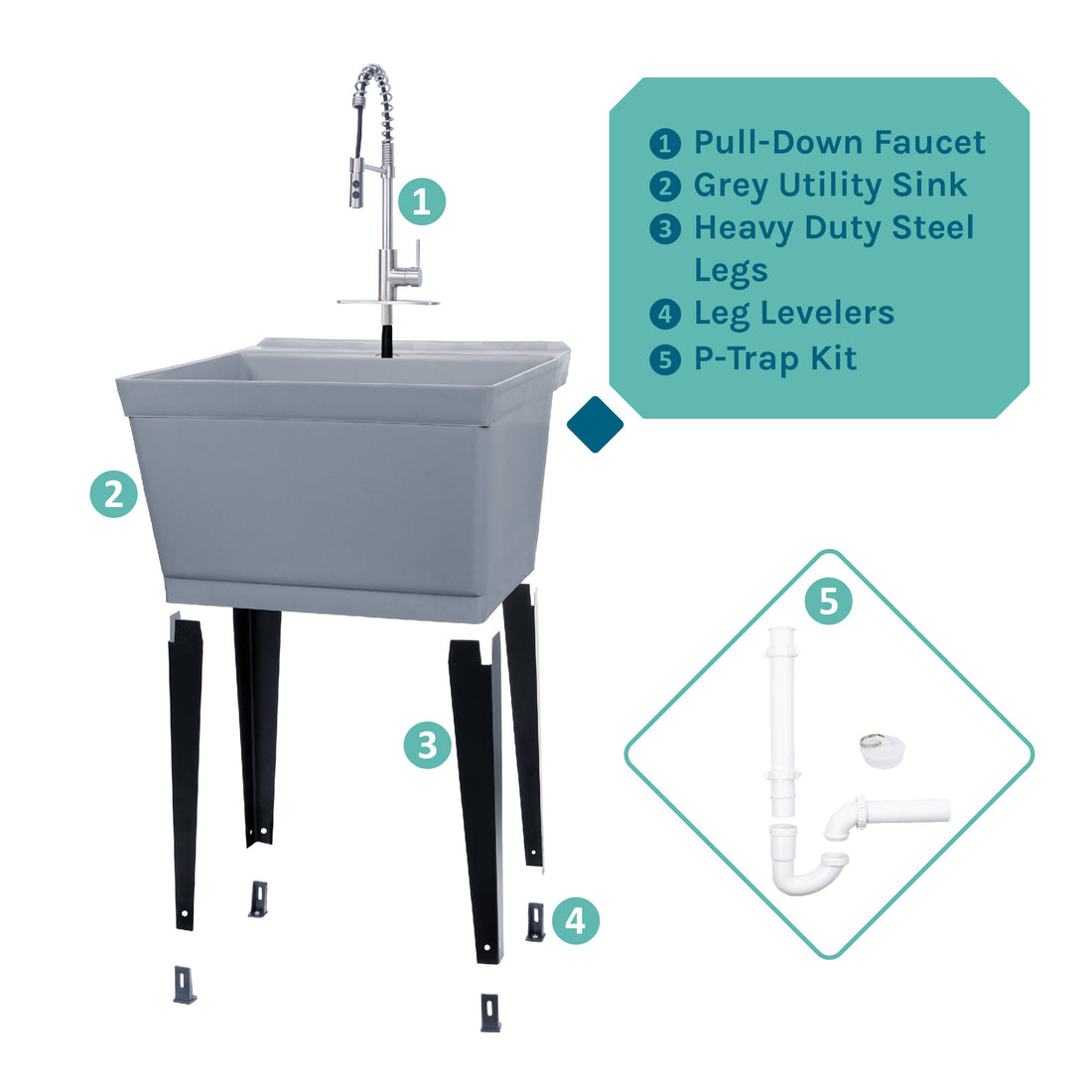 Tehila Standard Freestanding Grey Utility Sink with Stainless Steel Finish High-Arc Coil Pull-Down Faucet - Utility sinks vanites Tehila