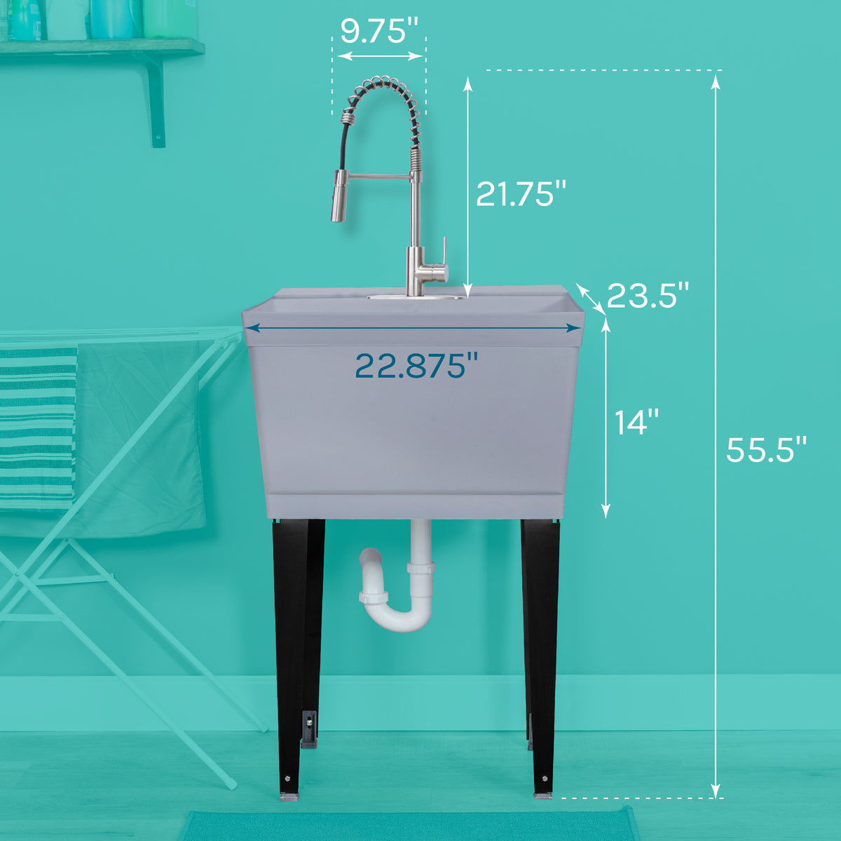 Tehila Standard Freestanding Grey Utility Sink with Stainless Steel Finish High-Arc Coil Pull-Down Faucet - Utility sinks vanites Tehila