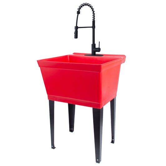 Tehila Standard Freestanding Red Utility Sink with Black Finish High-Arc Coil Pull-Down Faucet - Utility sinks vanites Tehila