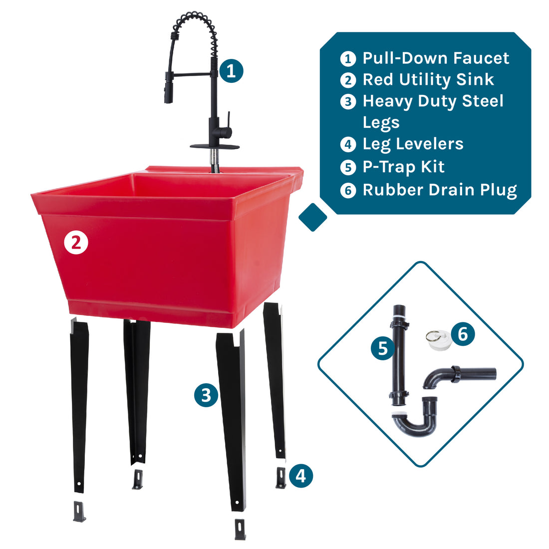 Tehila Standard Freestanding Red Utility Sink with Black Finish High-Arc Coil Pull-Down Faucet - Utility sinks vanites Tehila