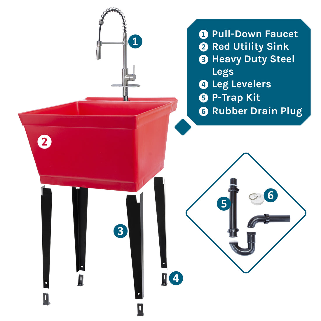 Tehila Standard Freestanding Red Utility Sink with Stainless Steel Finish High-Arc Coil Pull-Down Faucet - Utility sinks vanites Tehila