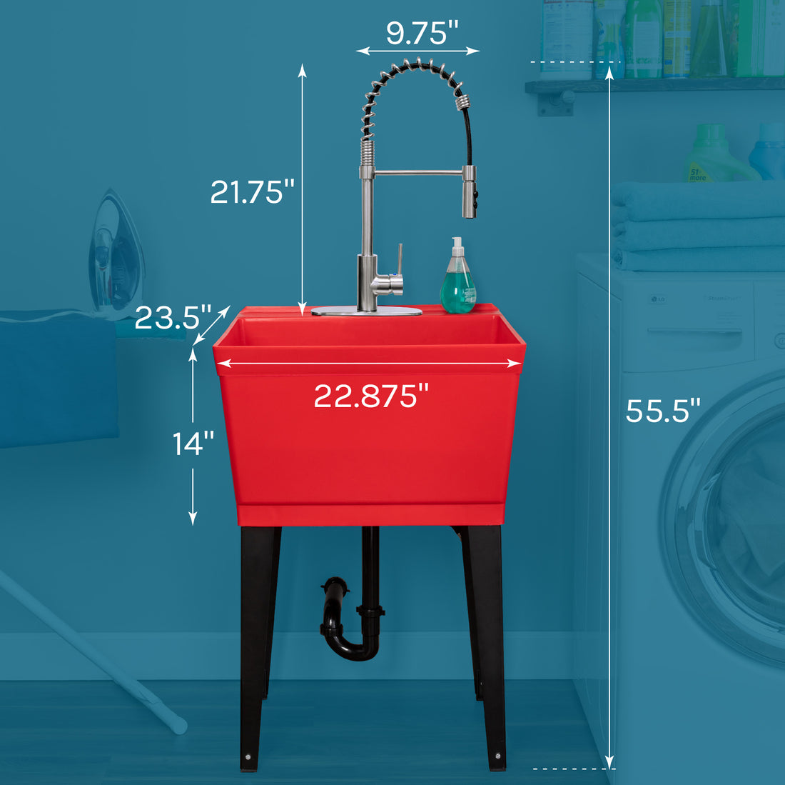 Tehila Standard Freestanding Red Utility Sink with Stainless Steel Finish High-Arc Coil Pull-Down Faucet - Utility sinks vanites Tehila