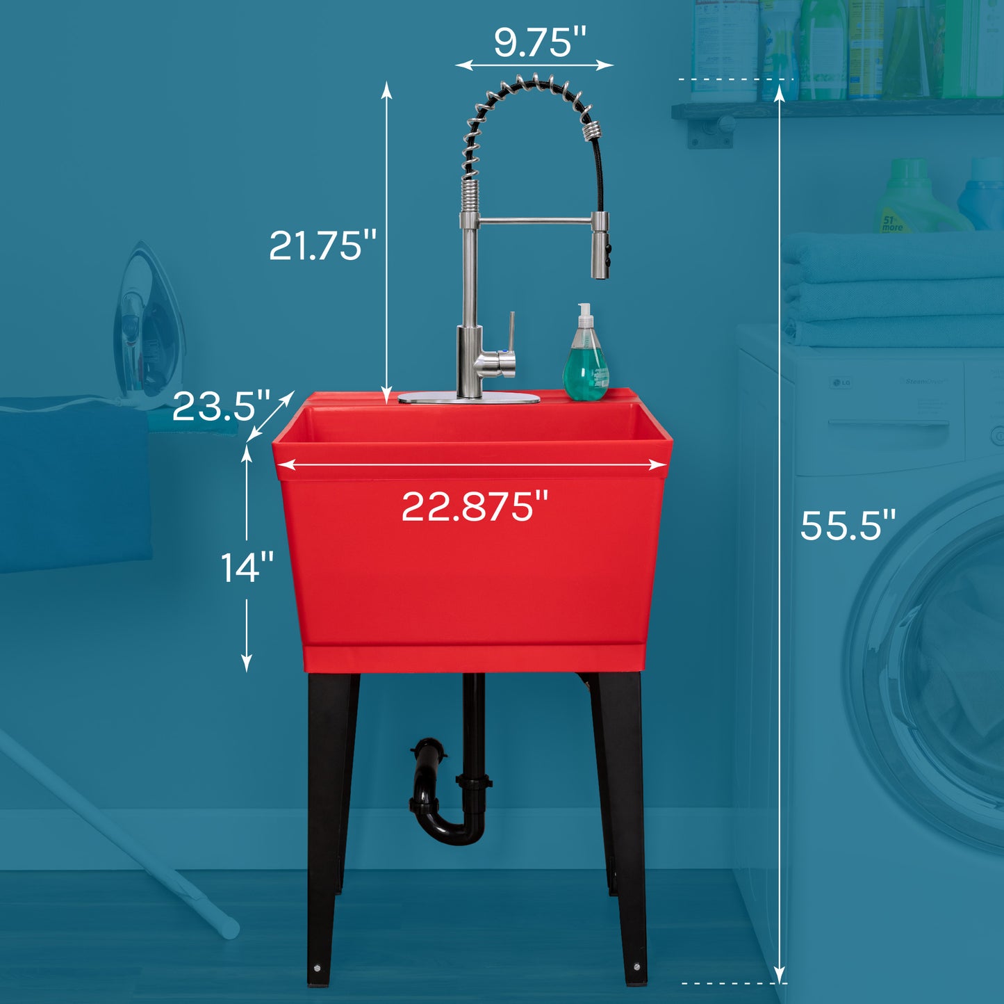 Tehila Standard Freestanding Red Utility Sink with Stainless Steel Finish High-Arc Coil Pull-Down Faucet - Utility sinks vanites Tehila