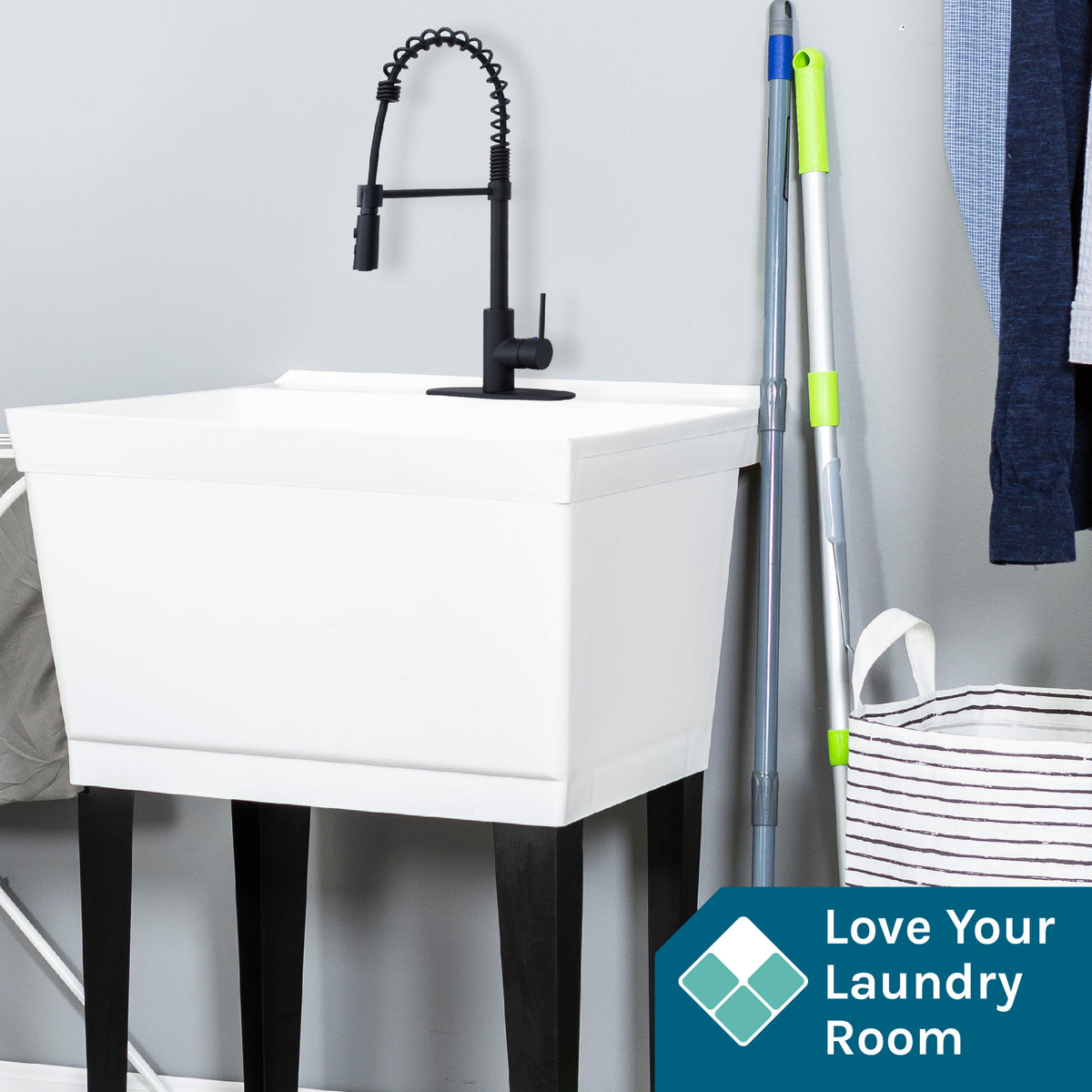 Tehila Standard Freestanding White Utility Sink with Black Finish High-Arc Coil Pull-Down Faucet - Utility sinks vanites Tehila