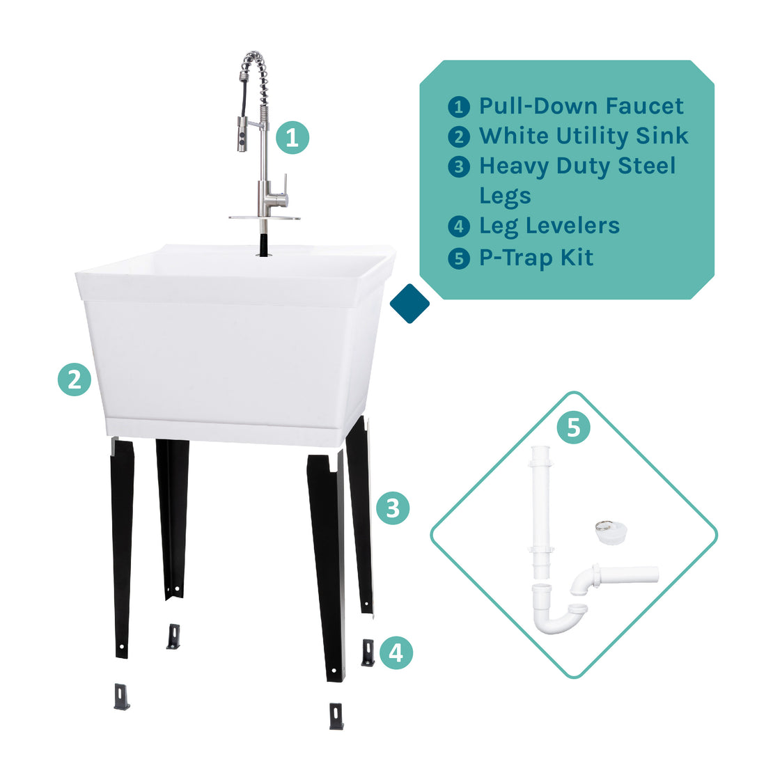 Tehila Standard Freestanding White Utility Sink with Stainless Steel Finish High-Arc Coil Pull-Down Faucet - Utility sinks vanites Tehila