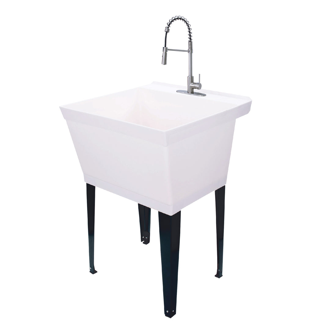 Tehila Standard Freestanding White Utility Sink with Stainless Steel Finish High-Arc Coil Pull-Down Faucet - Utility sinks vanites Tehila