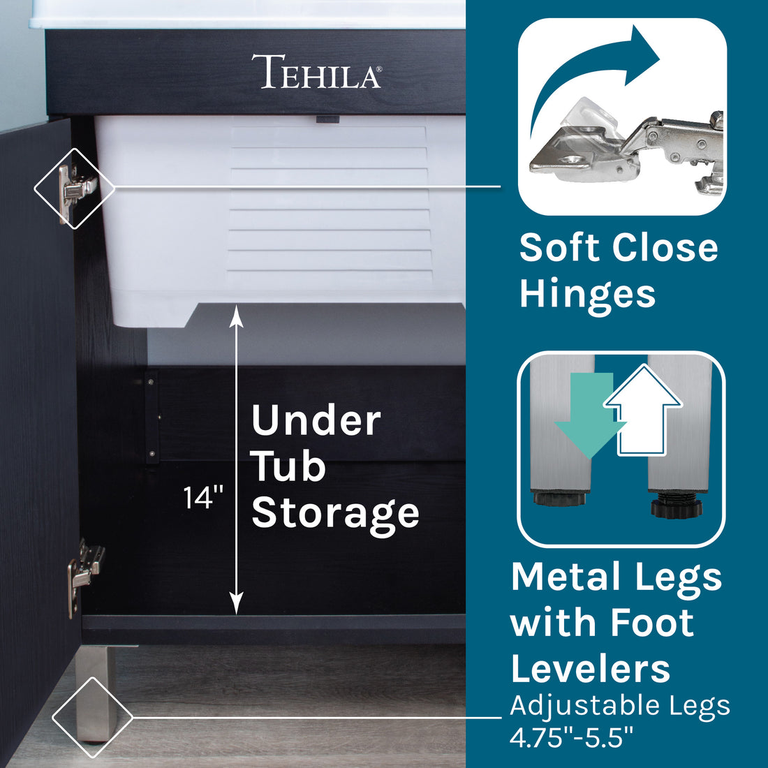 Tehila Under the Tub Storage with Soft Close Hinges and Metal legs with foot levelers