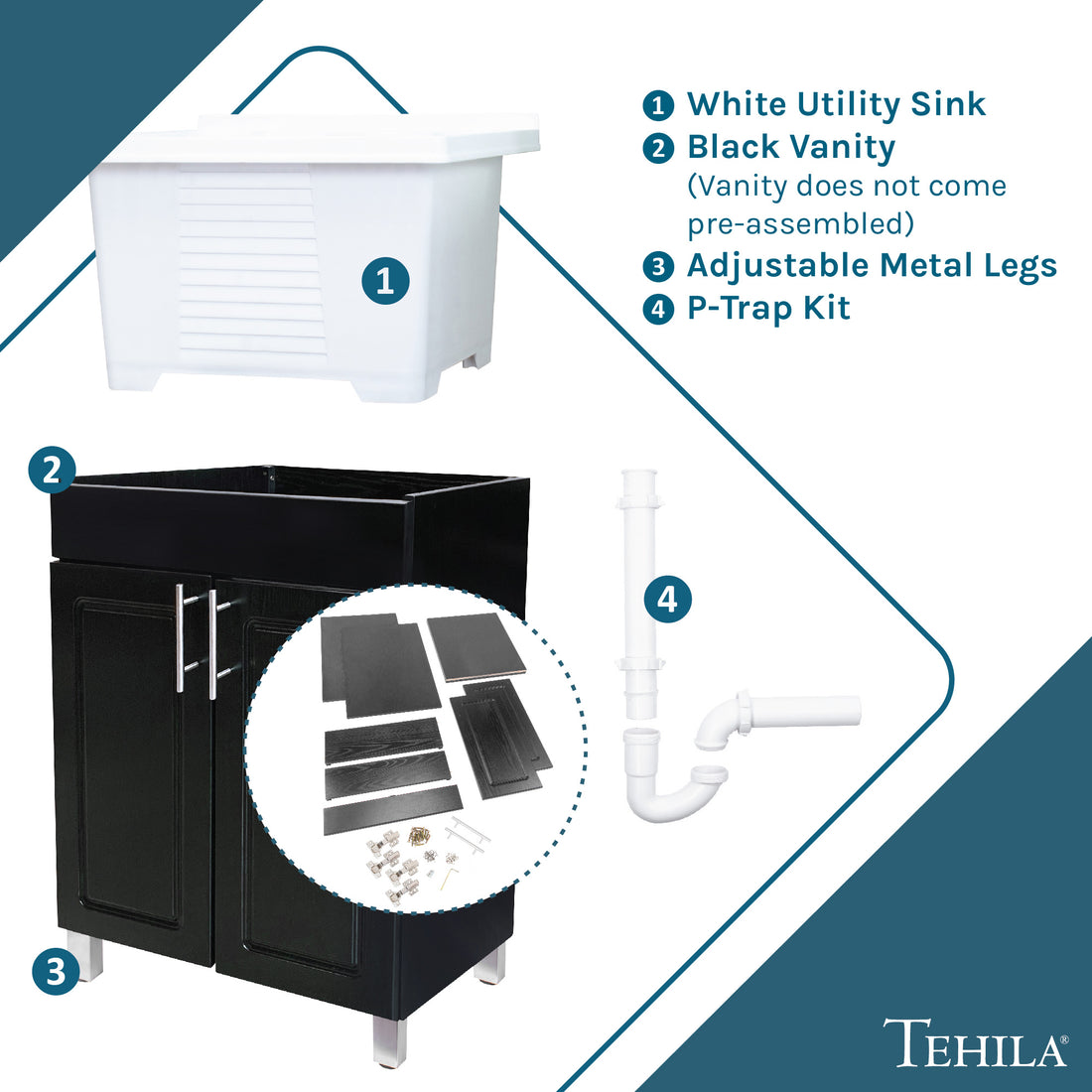 White Utility Sink | Black Vanity (Vanity does not come pre-assembled) | Adjustable Metal Legs | P-Trap Kit
