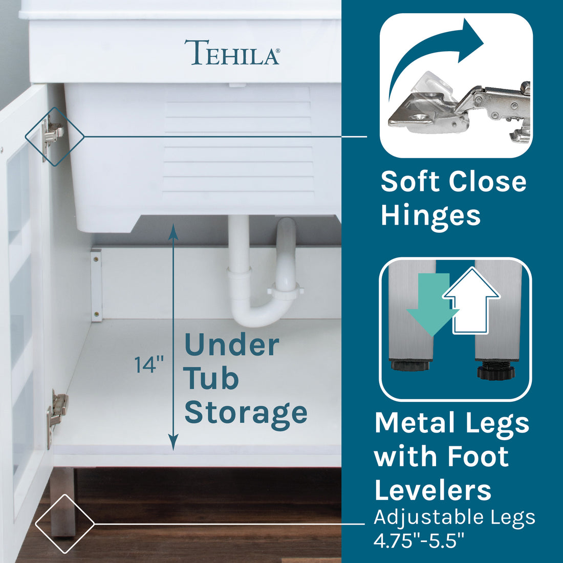 Tehila Under the Tub Storage with Soft Close Hinges and Metal Legs with Foot levelers.
