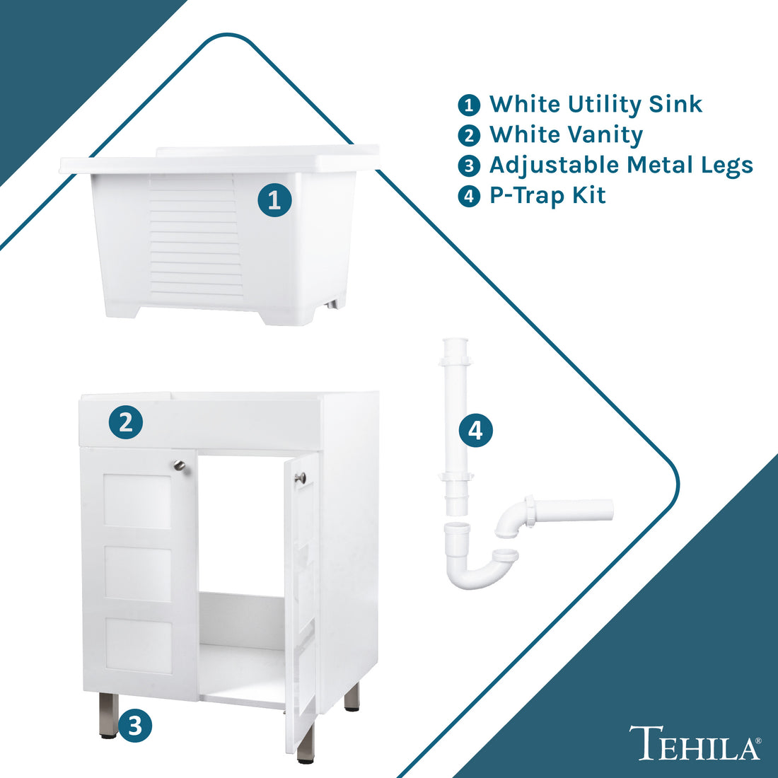 White Utility Sink | White Vanity | Adjustable Metal Legs | P-trap Kit