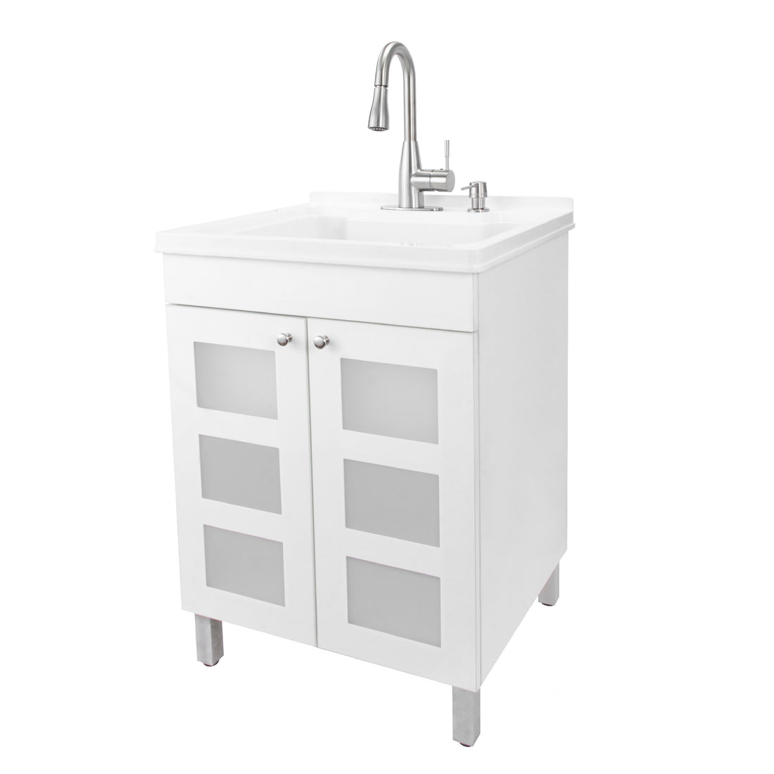 Tehila White Vanity Cabinet and White Utility Sink with Stainless Steel Finish Low-Profile Pull-Down Faucet - Utility sinks vanites Tehila