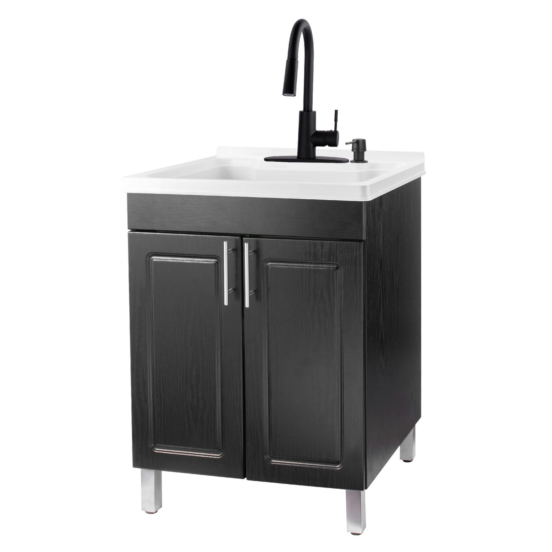 Tehila Black Vanity Cabinet and White Utility Sink with Black Finish High-Arc Pull-Down Faucet - Utility sinks vanites Tehila