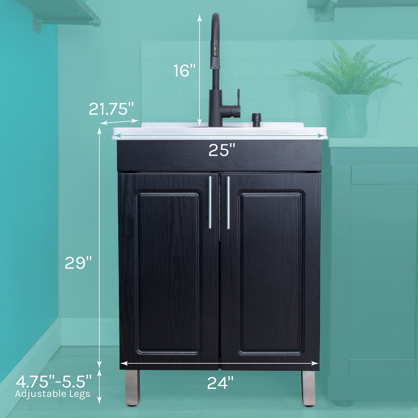 Tehila Black Vanity Cabinet and White Utility Sink with Black Finish High-Arc Pull-Down Faucet - Utility sinks vanites Tehila