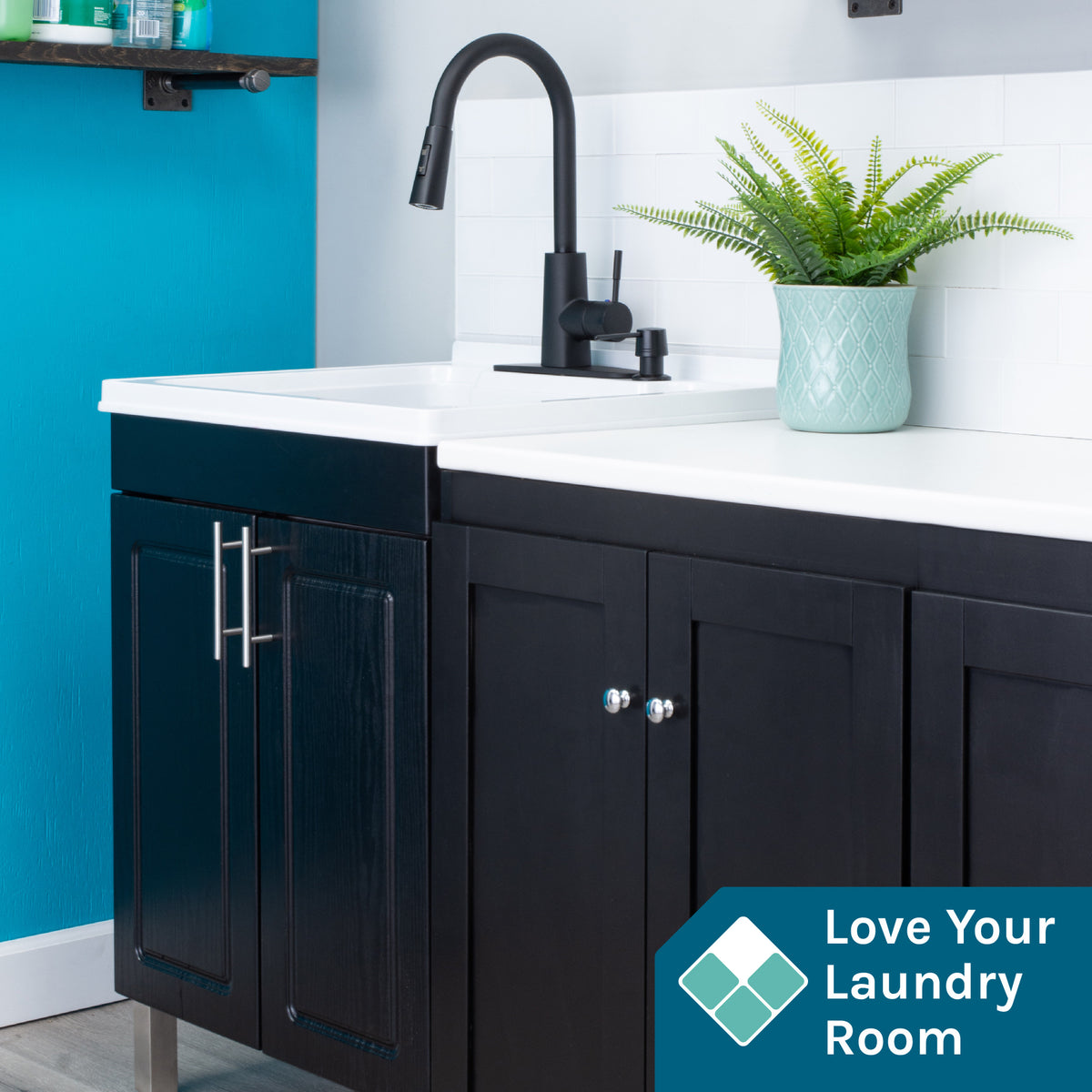 Tehila Black Vanity Cabinet and White Utility Sink with Black Finish High-Arc Pull-Down Faucet - Utility sinks vanites Tehila