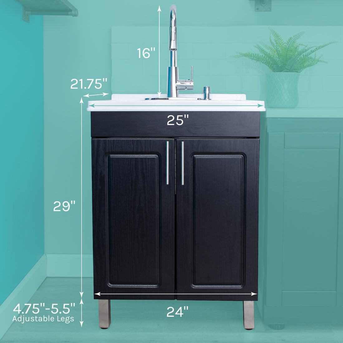 Tehila Black Vanity Cabinet and White Utility Sink with Chrome Finish High-Arc Pull-Down Faucet - Utility sinks vanites Tehila