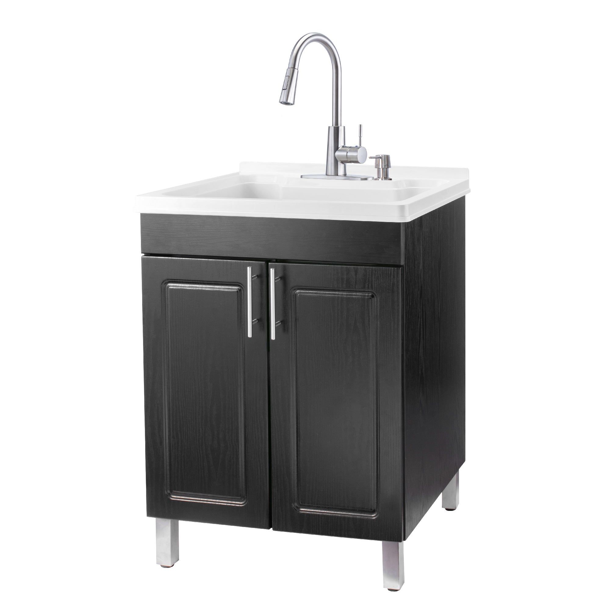 Tehila Black Vanity Cabinet and White Utility Sink with Stainless Steel  Finish High-Arc Pull-Down Faucet