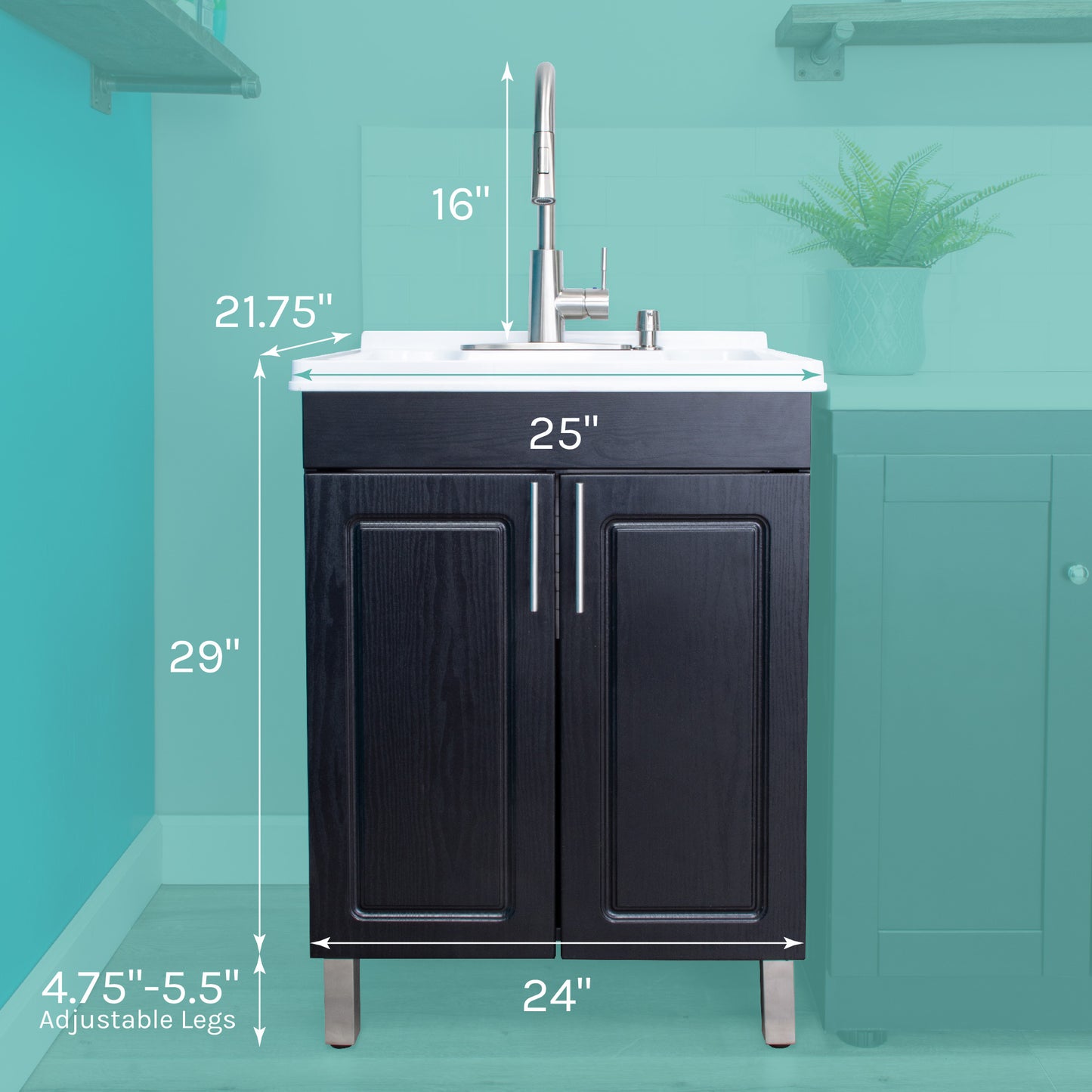 Tehila Black Vanity Cabinet and White Utility Sink with Stainless Steel Finish High-Arc Pull-Down Faucet - Utility sinks vanites Tehila