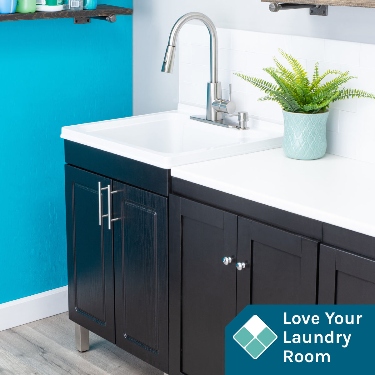 Tehila Black Vanity Cabinet and White Utility Sink with Stainless Steel Finish High-Arc Pull-Down Faucet - Utility sinks vanites Tehila