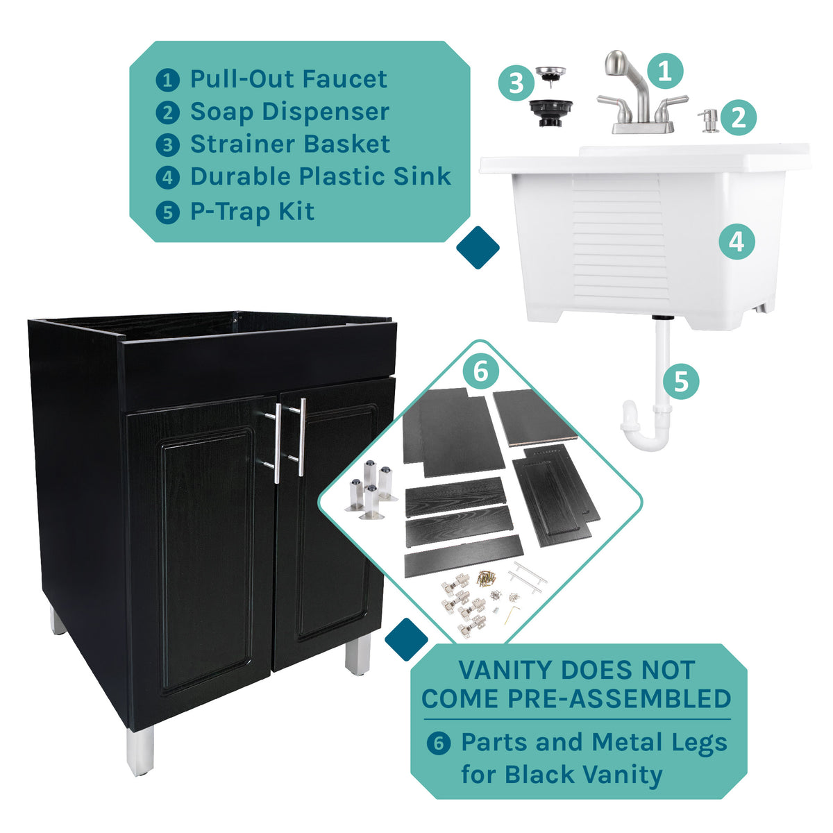 Tehila Black Vanity Cabinet and White Utility Sink with Stainless Steel Finish Pull-Out Faucet - Utility sinks vanites Tehila