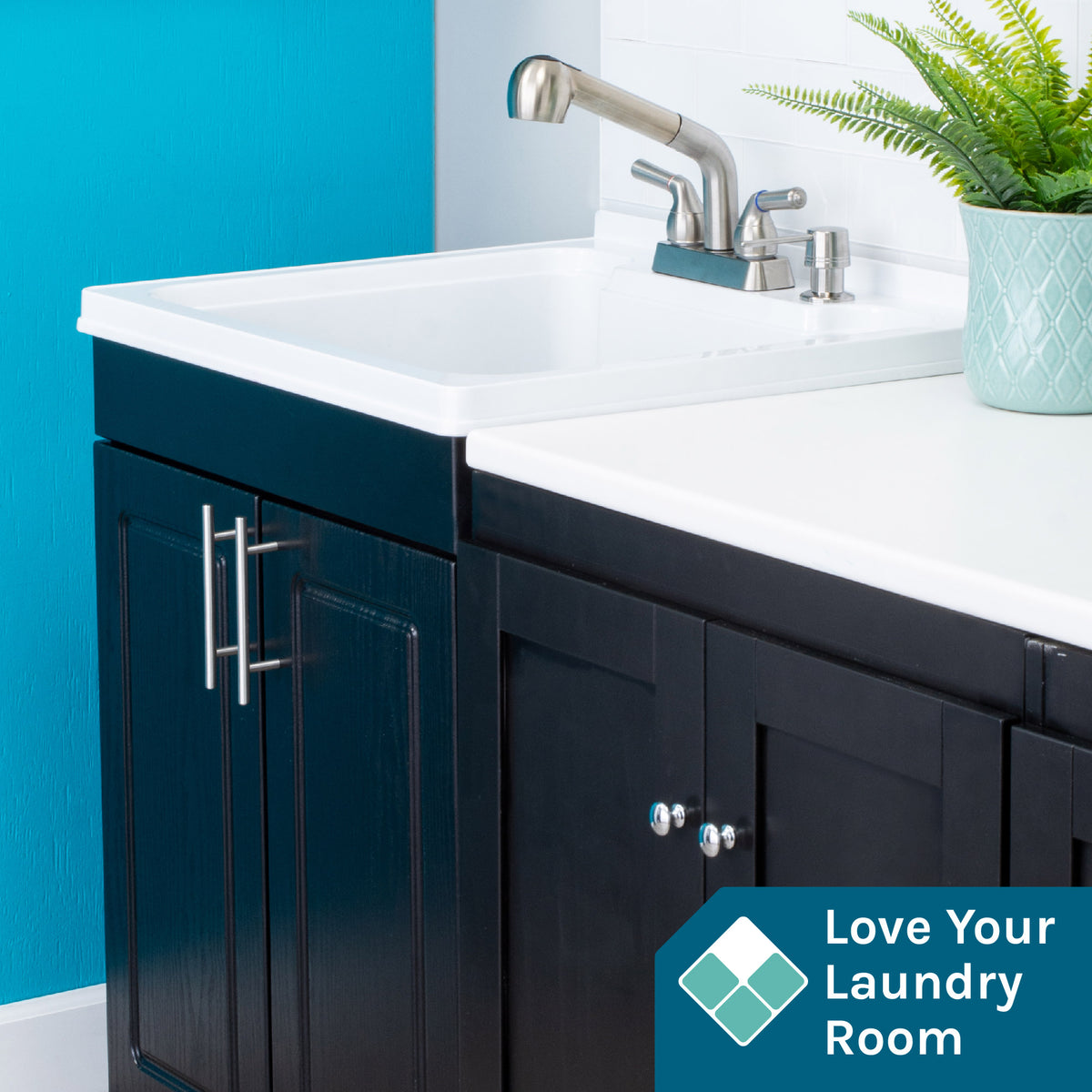 Tehila Black Vanity Cabinet and White Utility Sink with Stainless Steel Finish Pull-Out Faucet - Utility sinks vanites Tehila