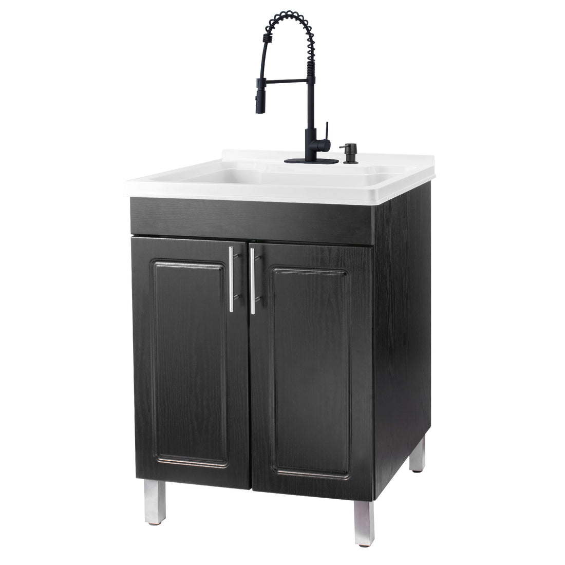 Tehila Basics Freestanding Grey Utility Sink with Black Finish Dual Handle  Utility Faucet