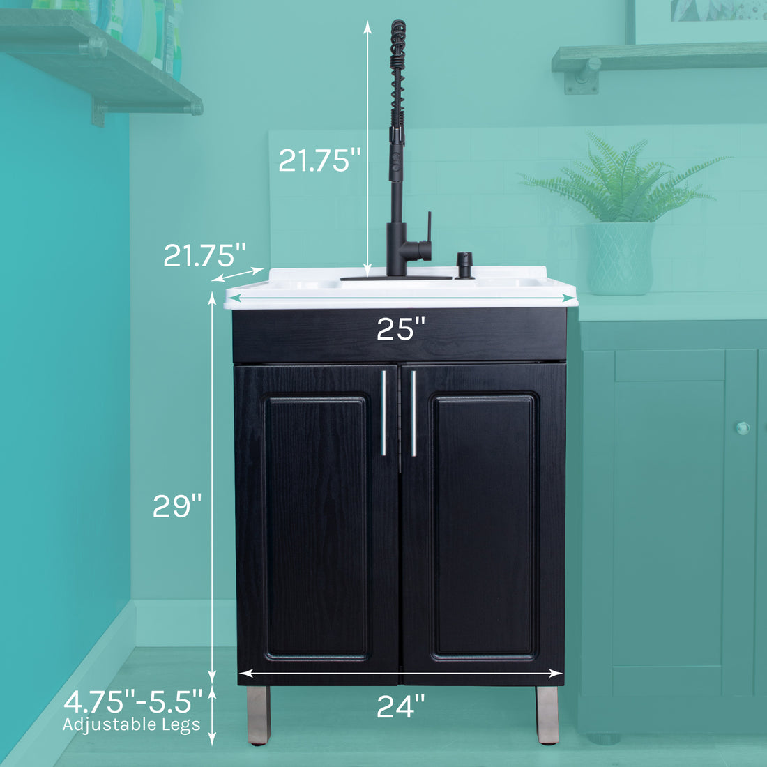 Tehila Black Vanity Cabinet and White Utility Sink with Black Finish High-Arc Coil Pull-Down Faucet - Utility sinks vanites Tehila