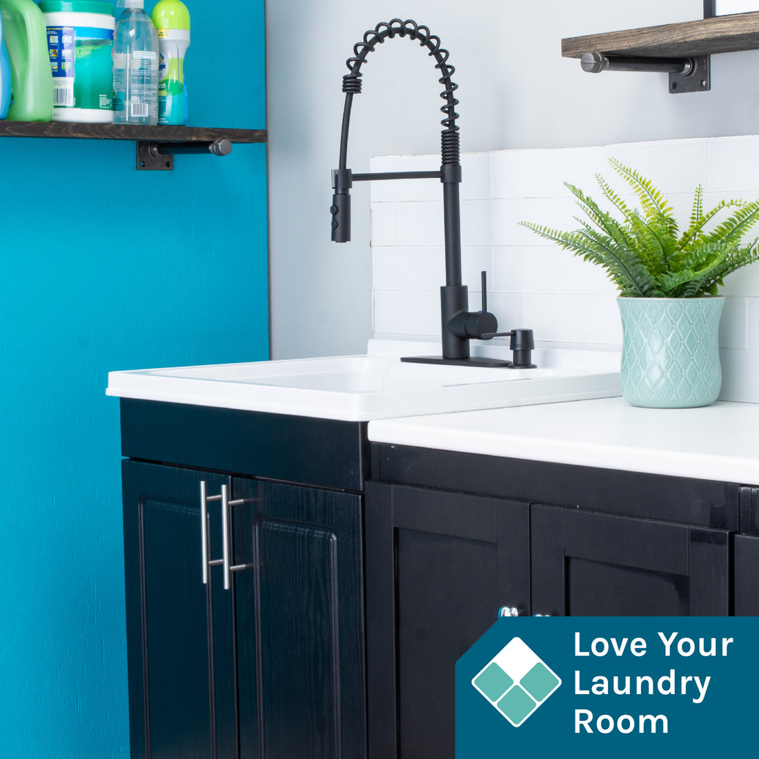 Tehila Black Vanity Cabinet and White Utility Sink with Black Finish High-Arc Coil Pull-Down Faucet - Utility sinks vanites Tehila