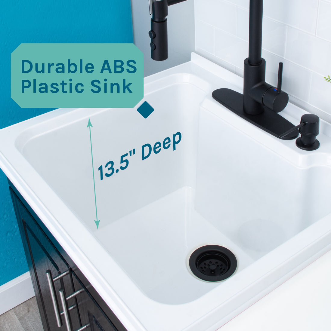 Tehila Black Vanity Cabinet and White Utility Sink with Black Finish High-Arc Coil Pull-Down Faucet - Utility sinks vanites Tehila