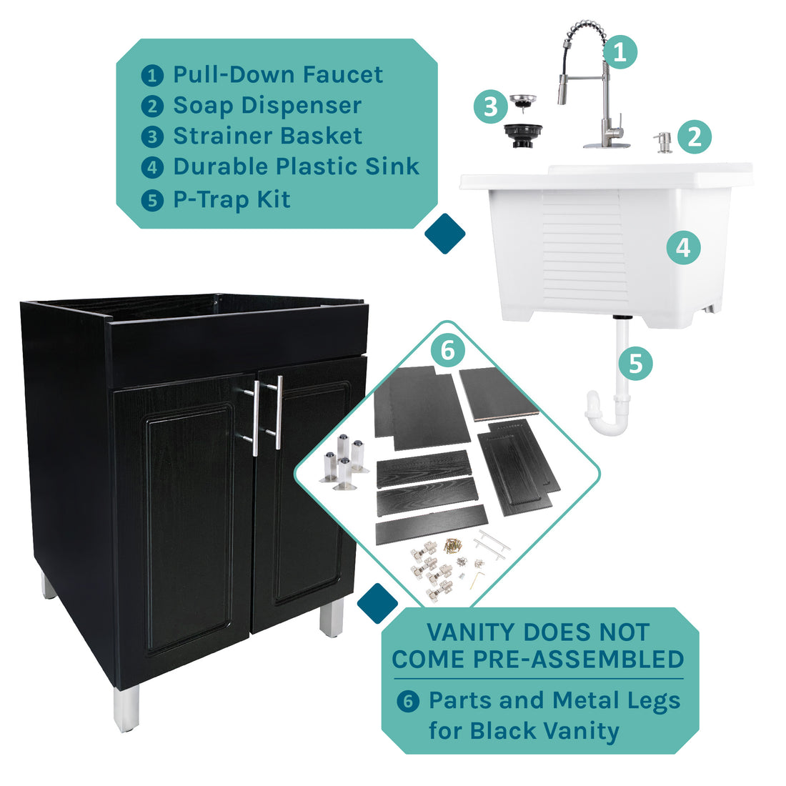 Tehila Black Vanity Cabinet and White Utility Sink with Stainless Steel Finish High-Arc Coil Pull-Down Faucet - Utility sinks vanites Tehila