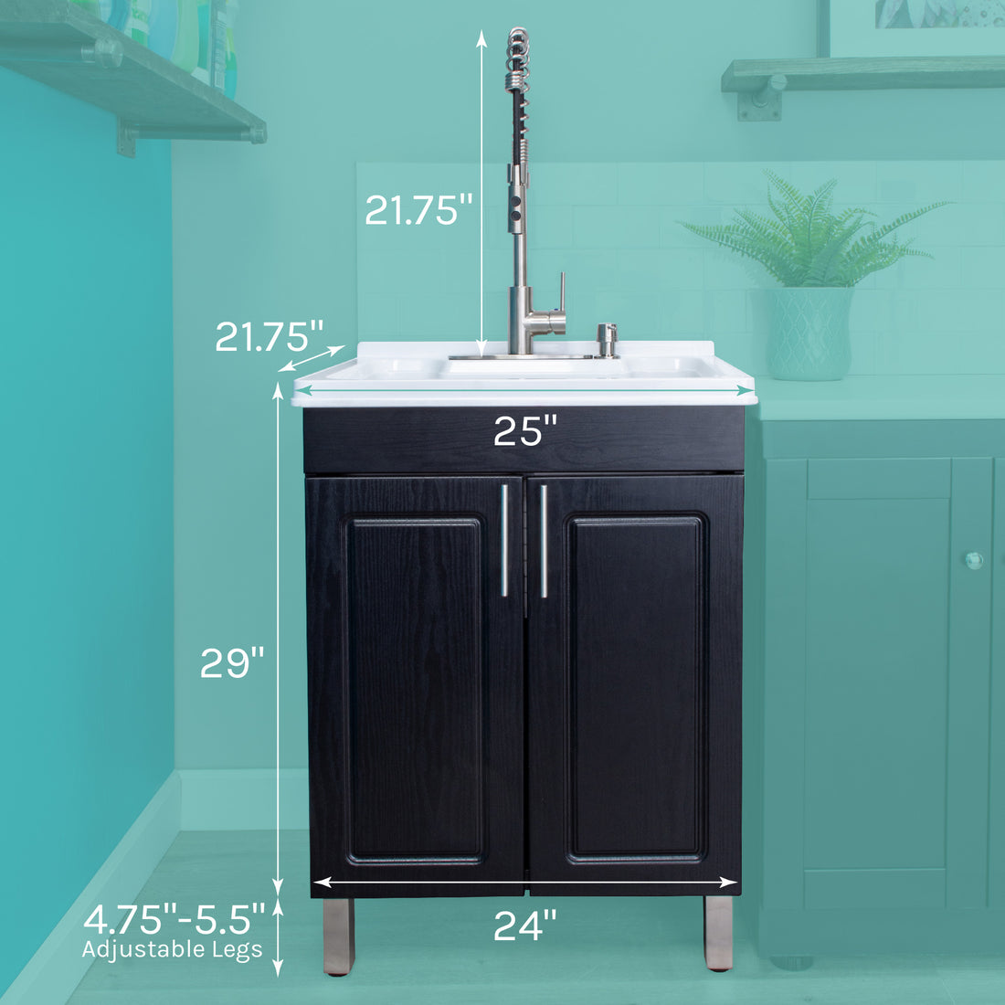 Tehila Black Vanity Cabinet and White Utility Sink with Stainless Steel Finish High-Arc Coil Pull-Down Faucet - Utility sinks vanites Tehila