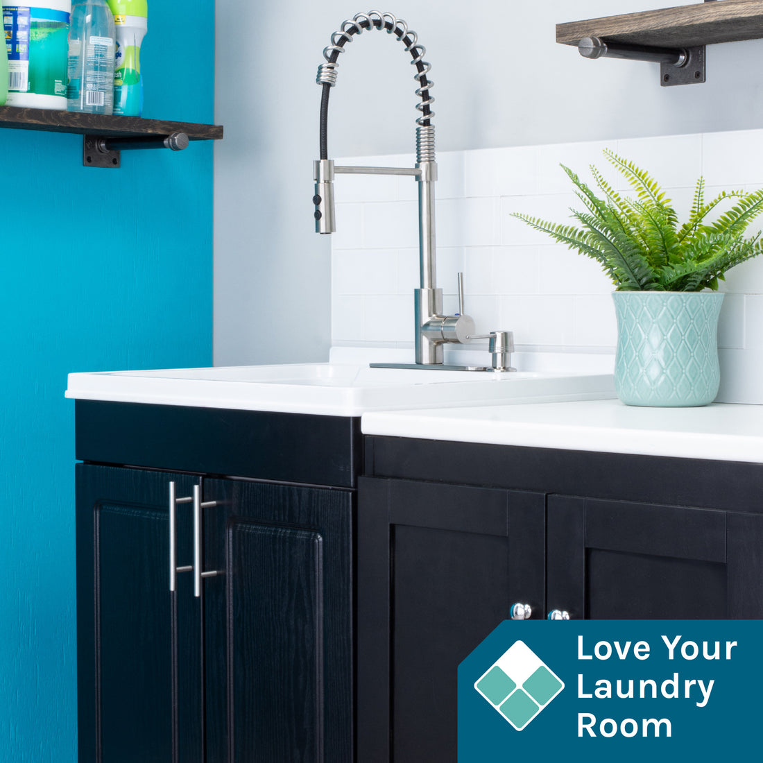 Tehila Black Vanity Cabinet and White Utility Sink with Stainless Steel Finish High-Arc Coil Pull-Down Faucet - Utility sinks vanites Tehila