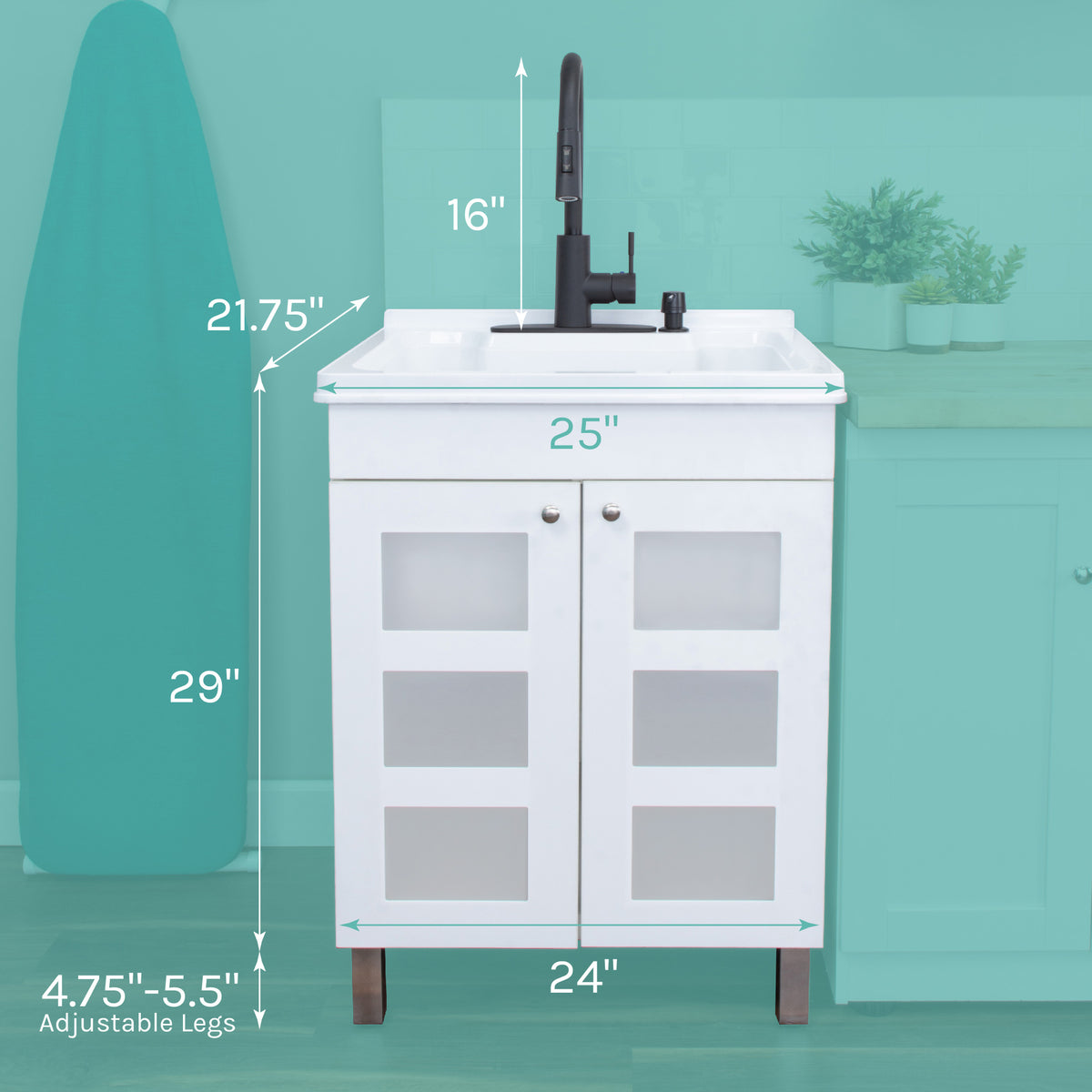 Tehila White Vanity Cabinet and White Utility Sink with Black Finish High-Arc Pull-Down Faucet - Utility sinks vanites Tehila