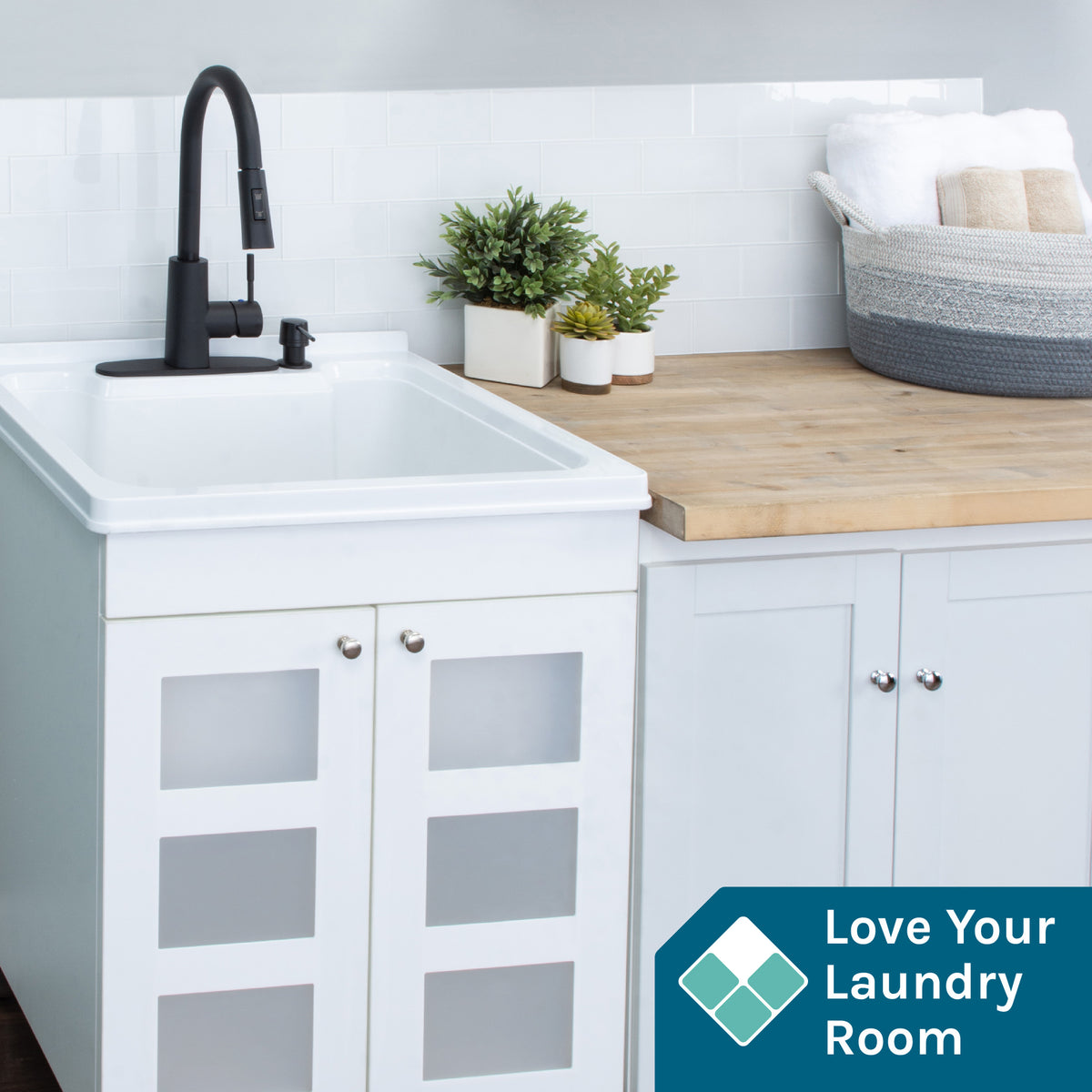 Tehila White Vanity Cabinet and White Utility Sink with Black Finish High-Arc Pull-Down Faucet - Utility sinks vanites Tehila